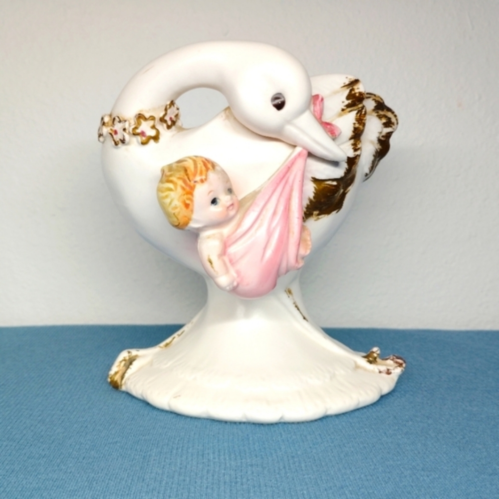 Lefton Porcelain Vase Baby Girl Planter Container Bird 1963 Vintage #1789 Pink - Picture 5 of 15